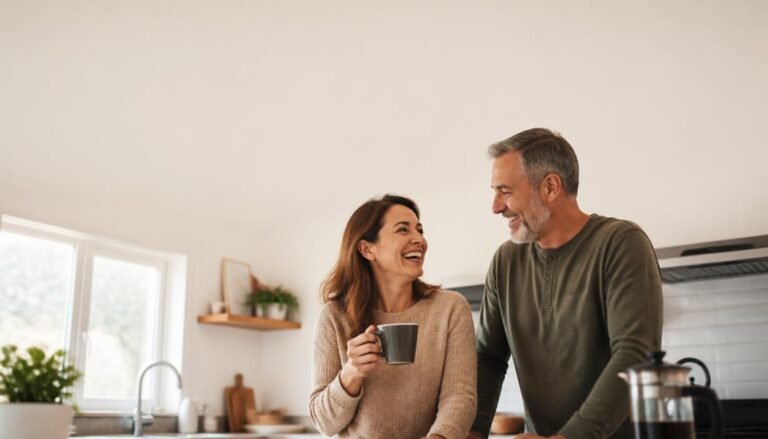 Alt Text: Husband and wife laughing together in the kitchen over morning coffee.