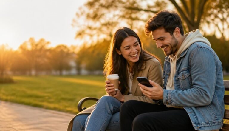 Alt Text: Couple laughing together on a park bench at sunset.
