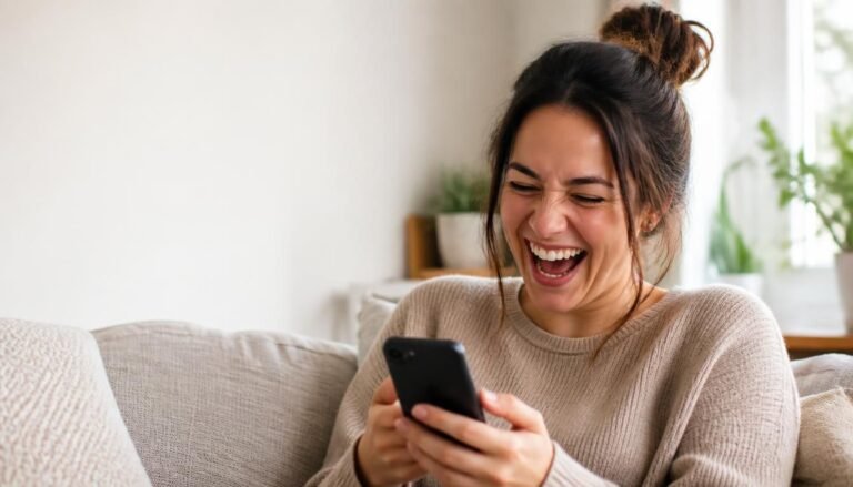 Alt Text: Person laughing while reading silly jokes on phone in a bright living room.