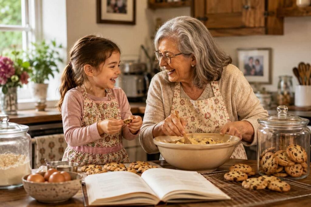 Grandmother baking cookies with granddaughter in a cozy kitchen