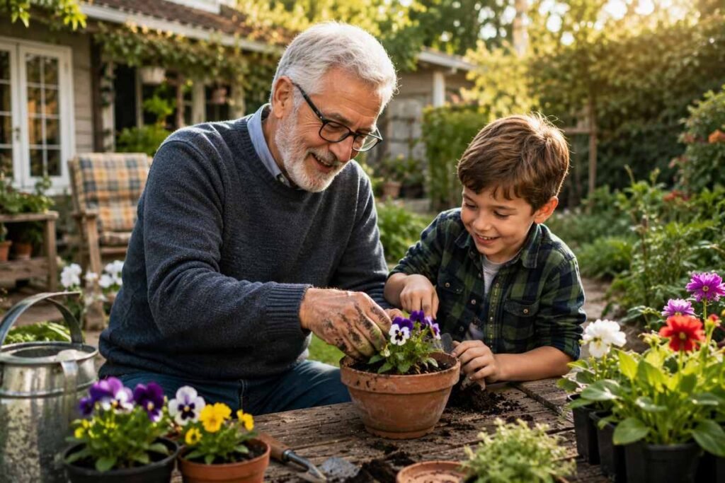 Grandfather planting flowers with grandson in backyard garden
