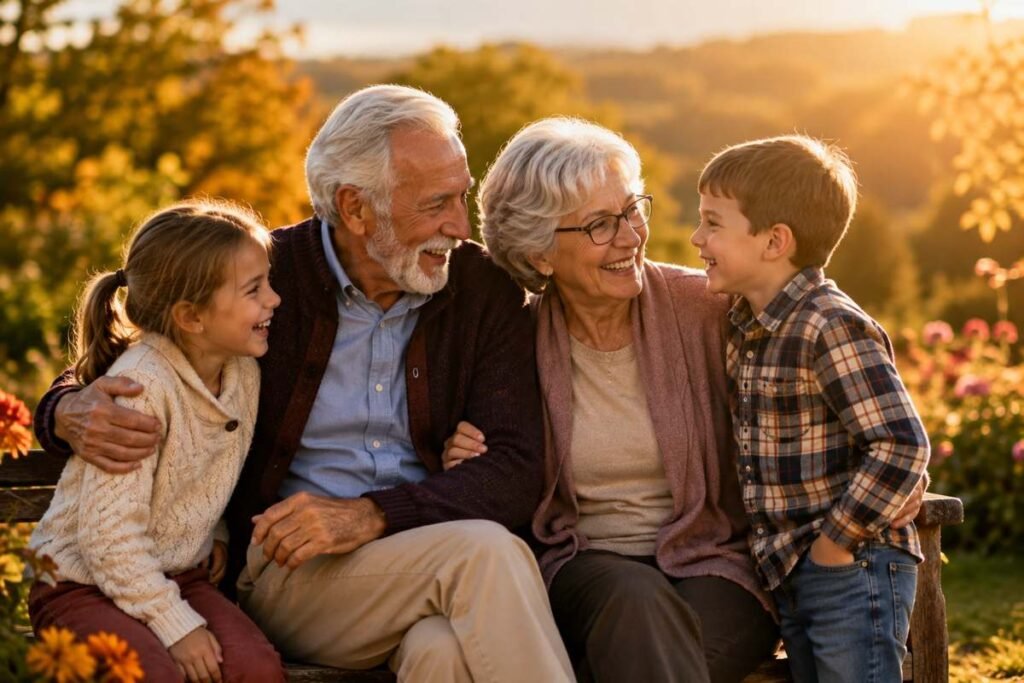 Grandparents and grandchildren enjoying a happy Grandparents Day family moment outdoors