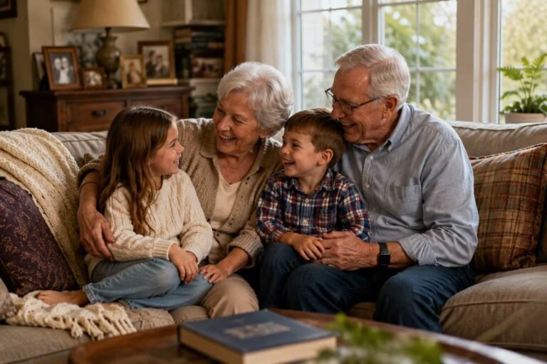 Grandparents smiling with grandchildren during a happy family moment