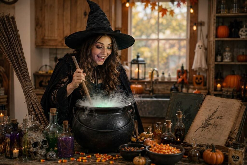 funny witch Halloween puns with magical autumn scene