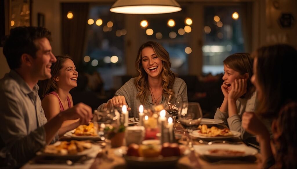 Alt Text: Mother making family laugh at dinner table
