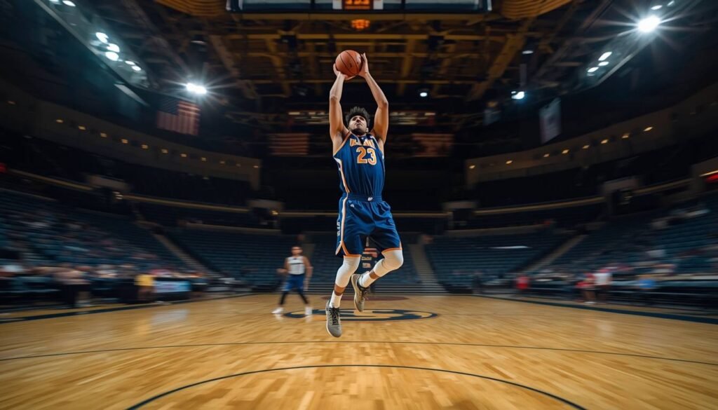 Alt Text: Basketball player taking a jump shot during a game