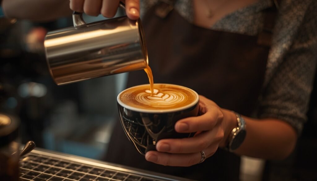 Alt Text: Barista pouring latte art into a pumpkin spice coffee drink
