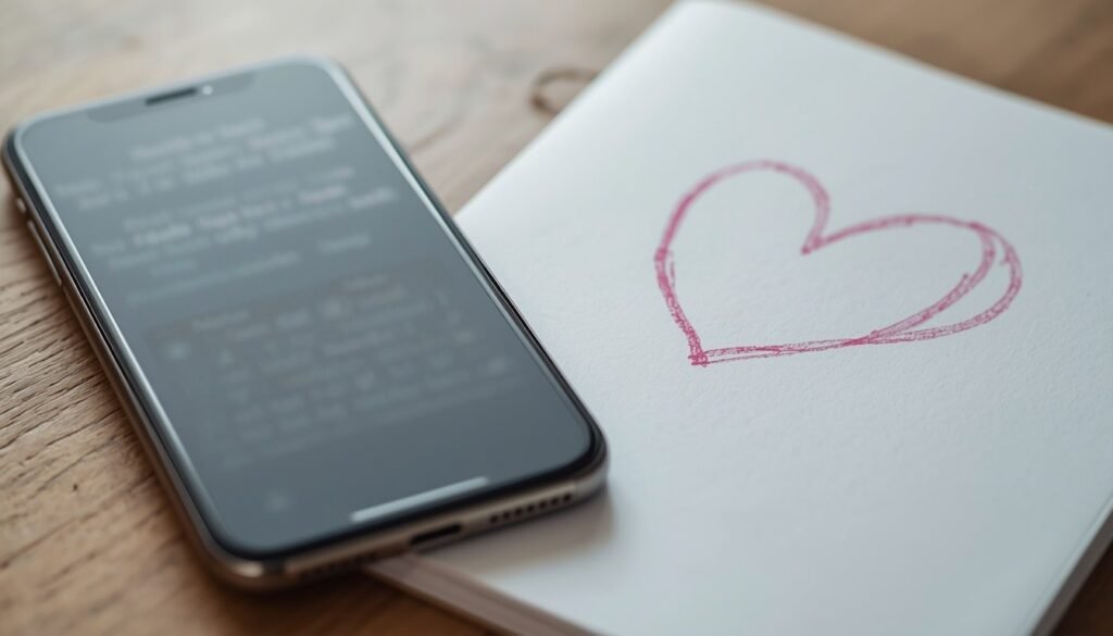 Alt Text: Smartphone showing a blurred text conversation next to a notebook
