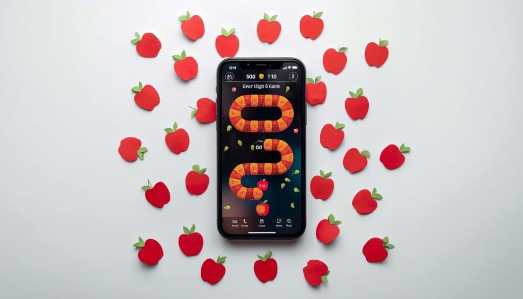 Alt Text: Smartphone showing a snake game surrounded by paper apple cutouts
