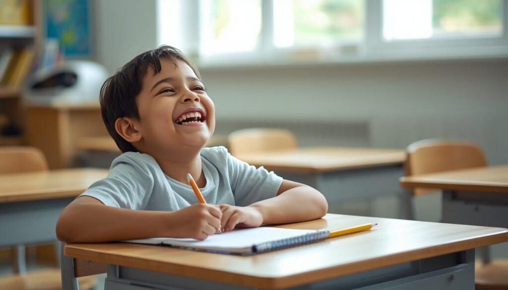 Alt Text: Child laughing in classroom while sharing knock knock jokes.