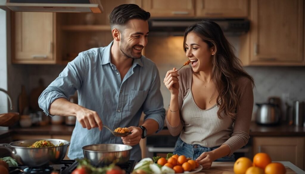 Alt Text: Husband and wife cooking together and laughing in the kitchen.