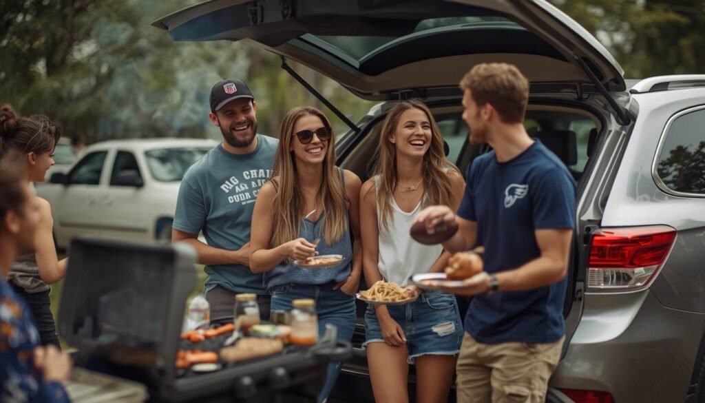 Alt Text: Friends laughing together at a football tailgate party
