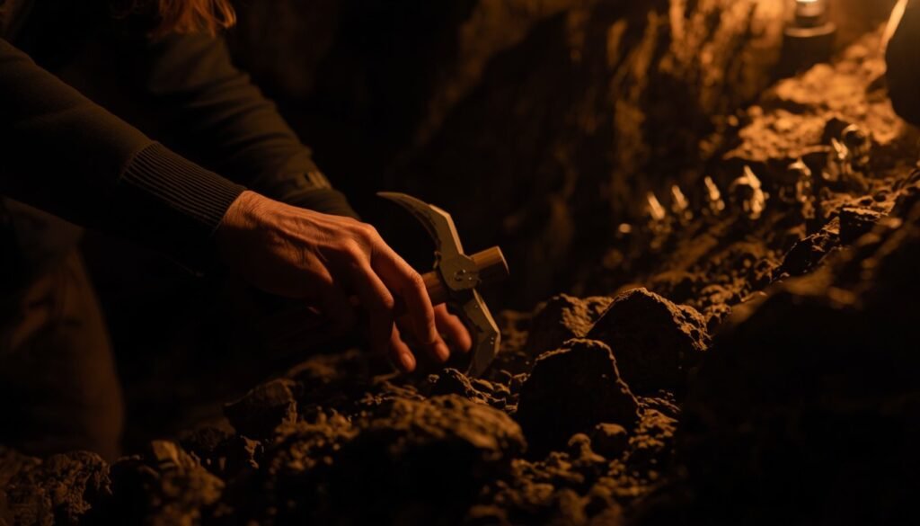 Alt Text: Hands using a small pickaxe tool on rocky cave terrain