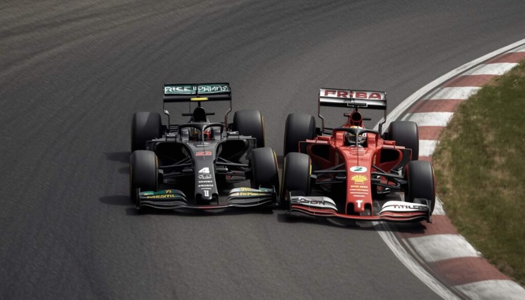 Alt Text: Two Formula 1 cars racing closely into a corner