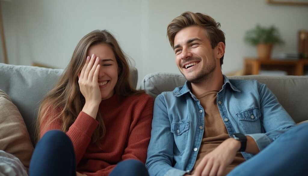 Alt Text: Two friends on a couch laughing and reacting to a joke
