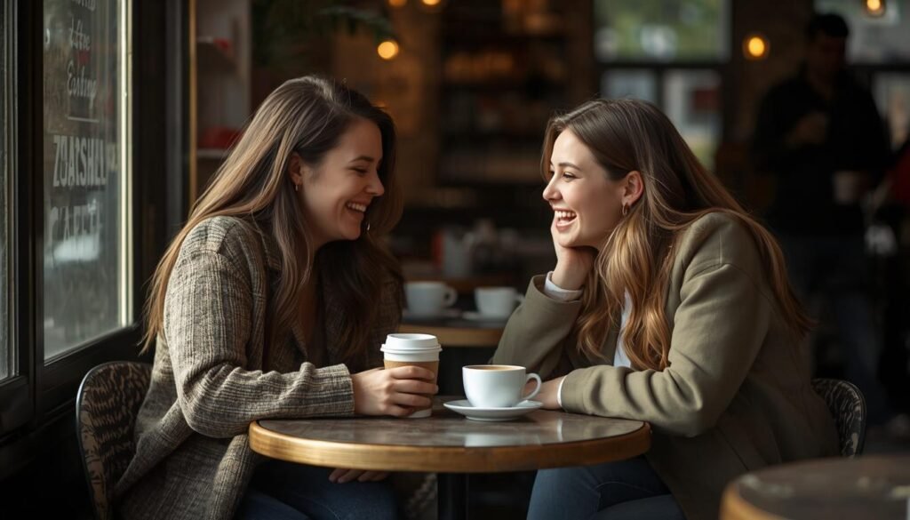 Alt Text: Two people laughing together at a café table

