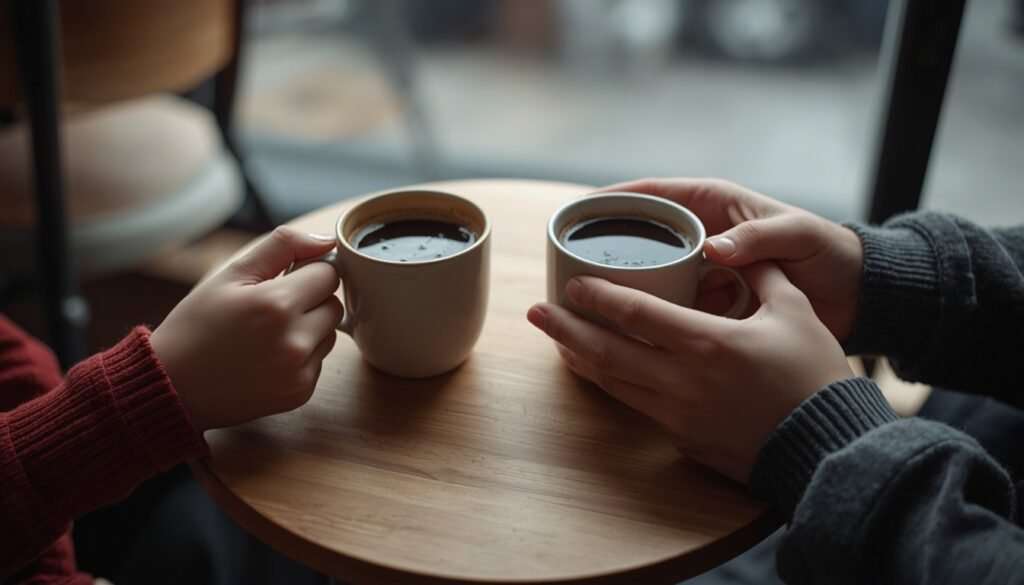  Alt Text: Two hands holding coffee mugs across a wooden cafe table.