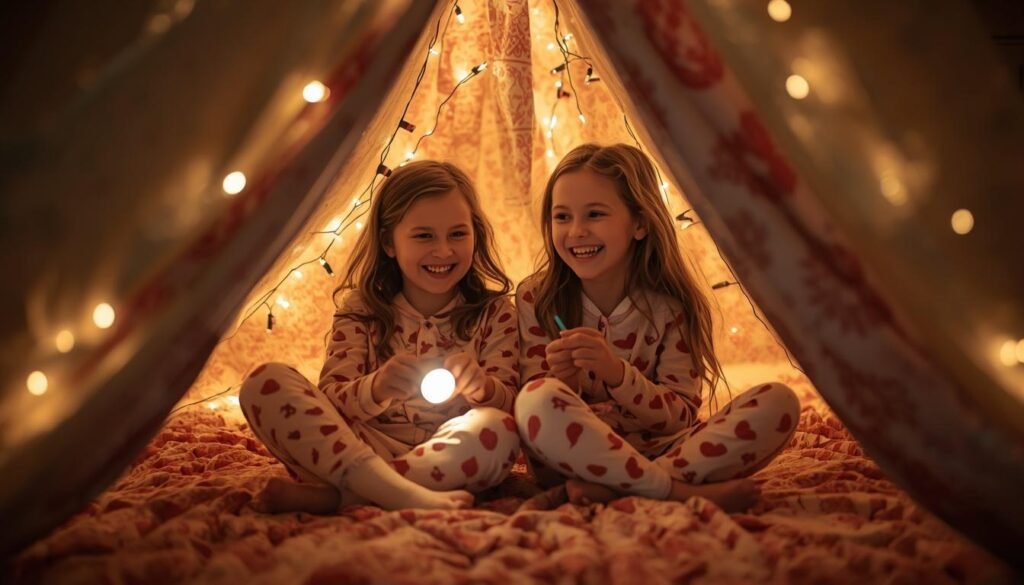  Alt Text: Two young sisters laughing inside a blanket fort with string lights
