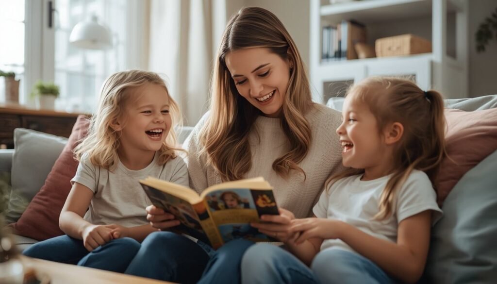 Alt Text: Mother telling a joke to laughing children