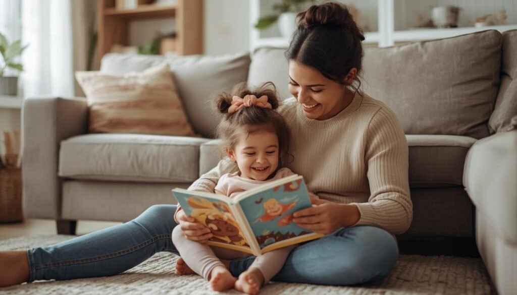  Alt Text: Parent and child laughing together at home

