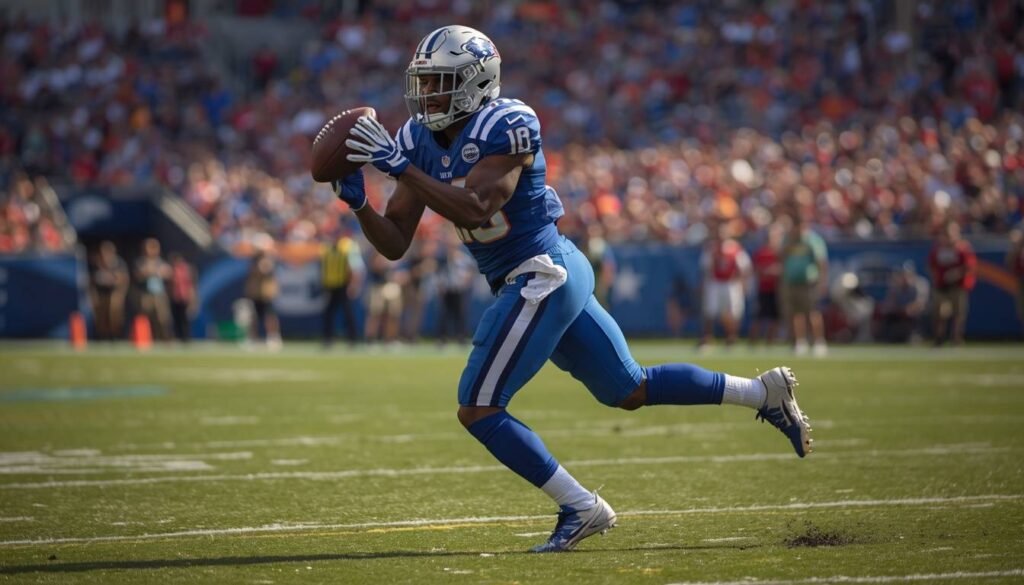  Alt Text: Football player making a catch during a game
