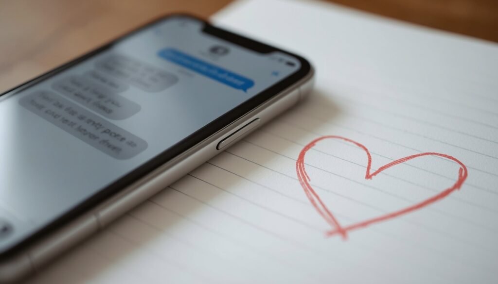 Alt Text: Smartphone showing a blurred text conversation next to a notebook
