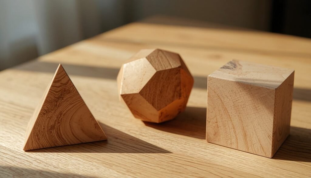 Alt Text: Geometric shape models arranged on a wooden table