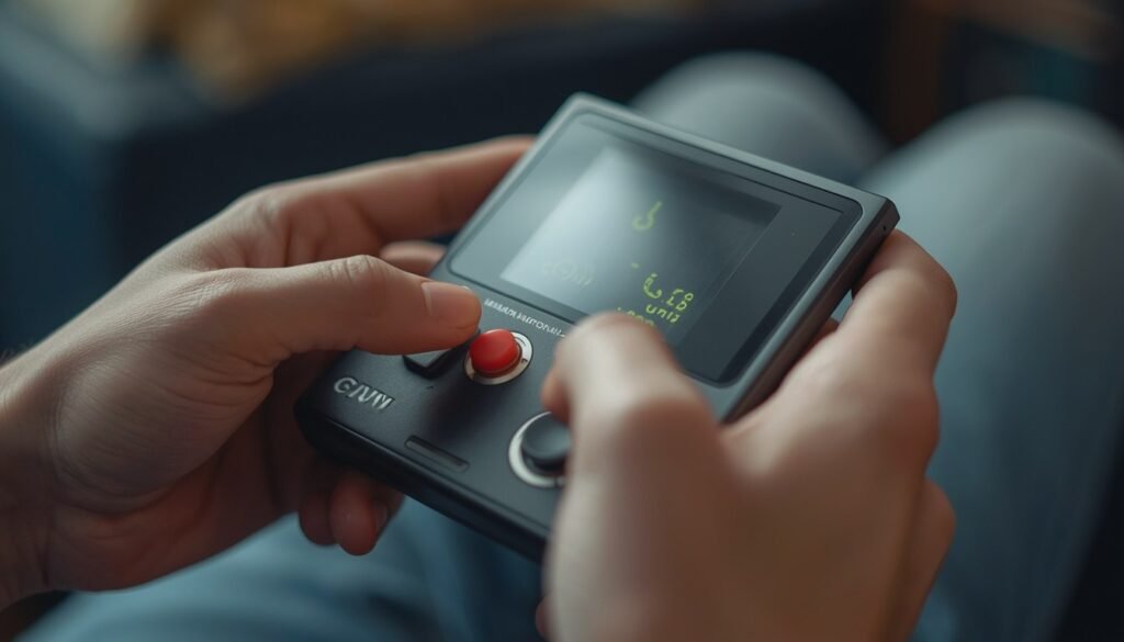 Alt Text: Hands playing a retro handheld snake game device

