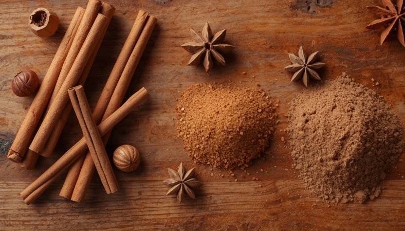 Alt Text: Cinnamon sticks and spices arranged on a wooden cutting board
