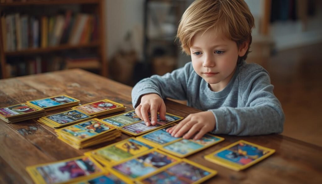 Alt Text: Child organizing trading cards on a wooden table
