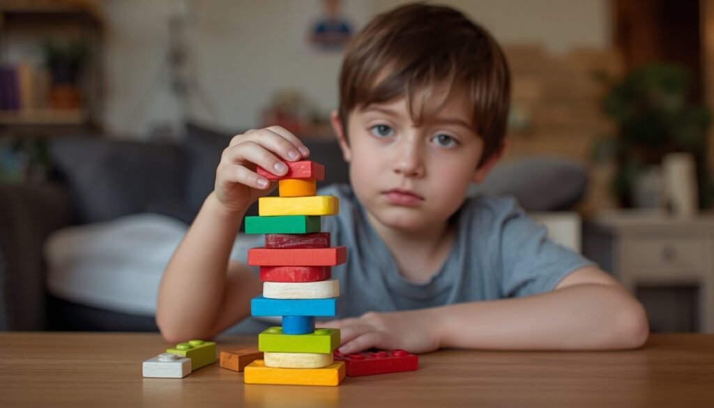 Alt Text: Child stacking colorful wooden building blocks on a table