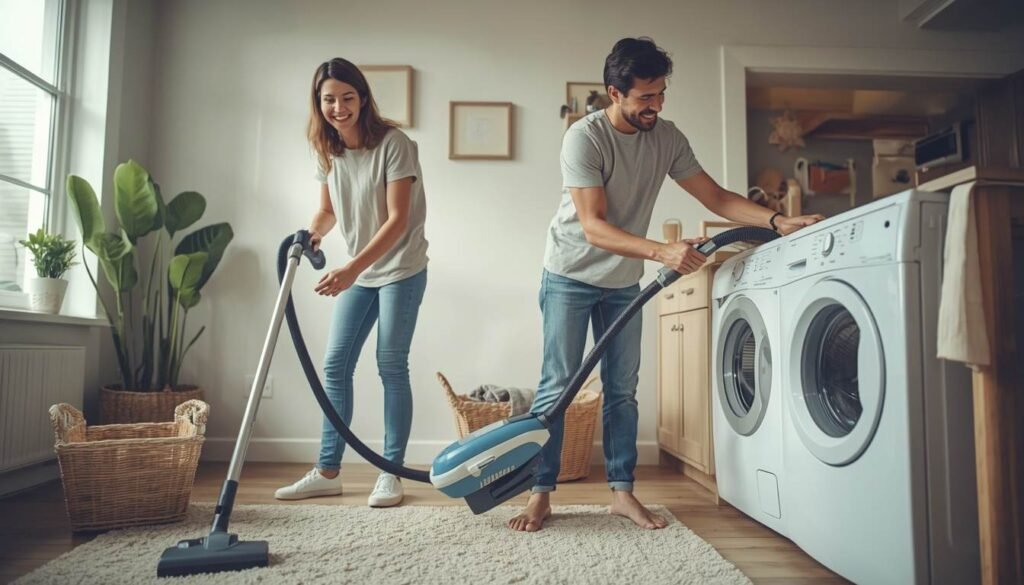 Alt Text: Husband and wife doing chores together at home.
