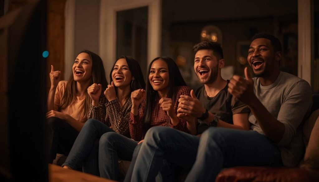 Alt Text: Friends cheering together while watching a basketball game on TV