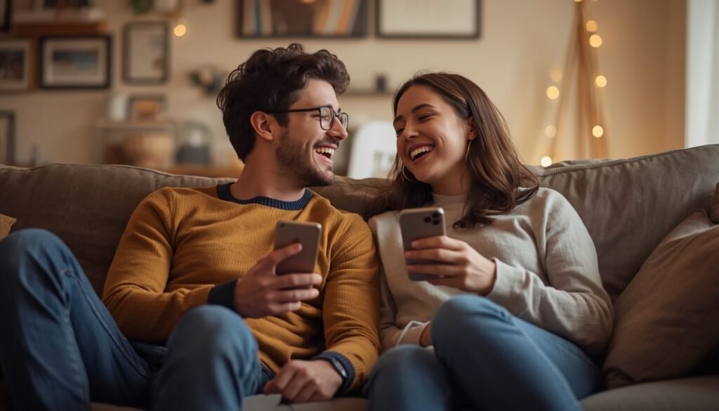 Alt Text: Couple laughing together while sharing knock knock jokes on couch.