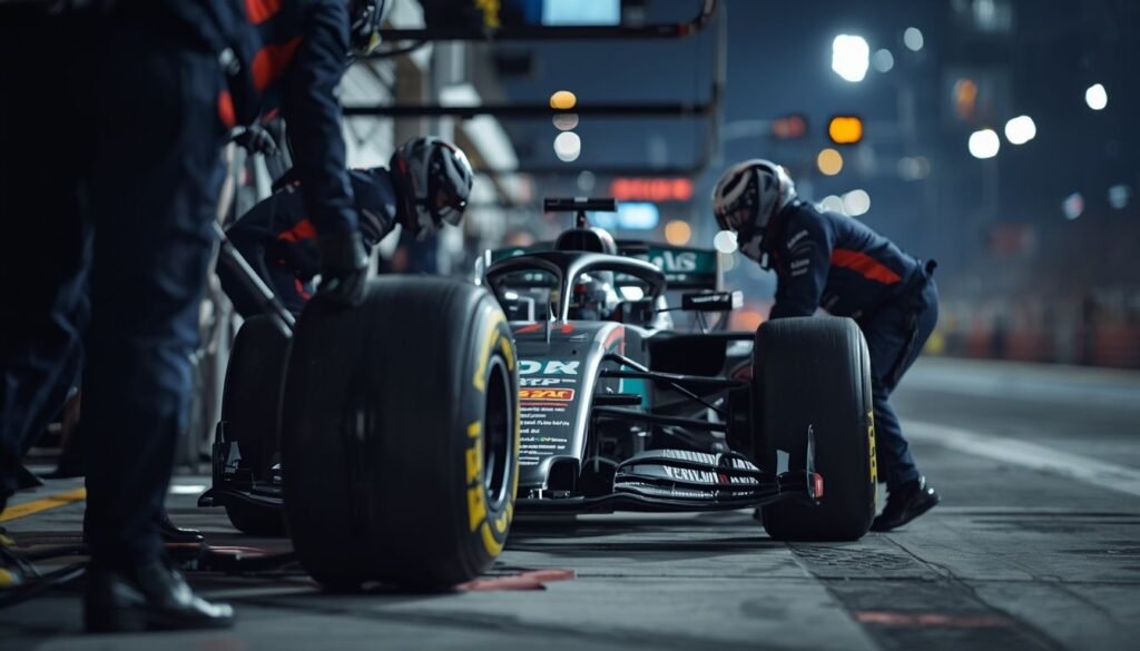 Alt Text: Pit crew changing tires during a fast Formula 1 pit stop