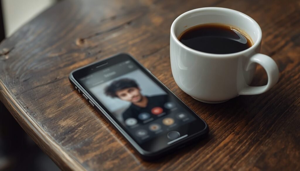 Alt Text: Smartphone showing a blurred dating app profile screen on a table
