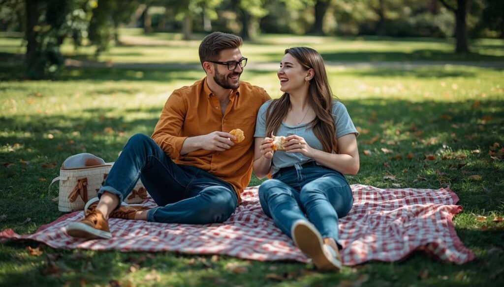  Alt Text: Couple laughing on a picnic blanket in a sunny park.
