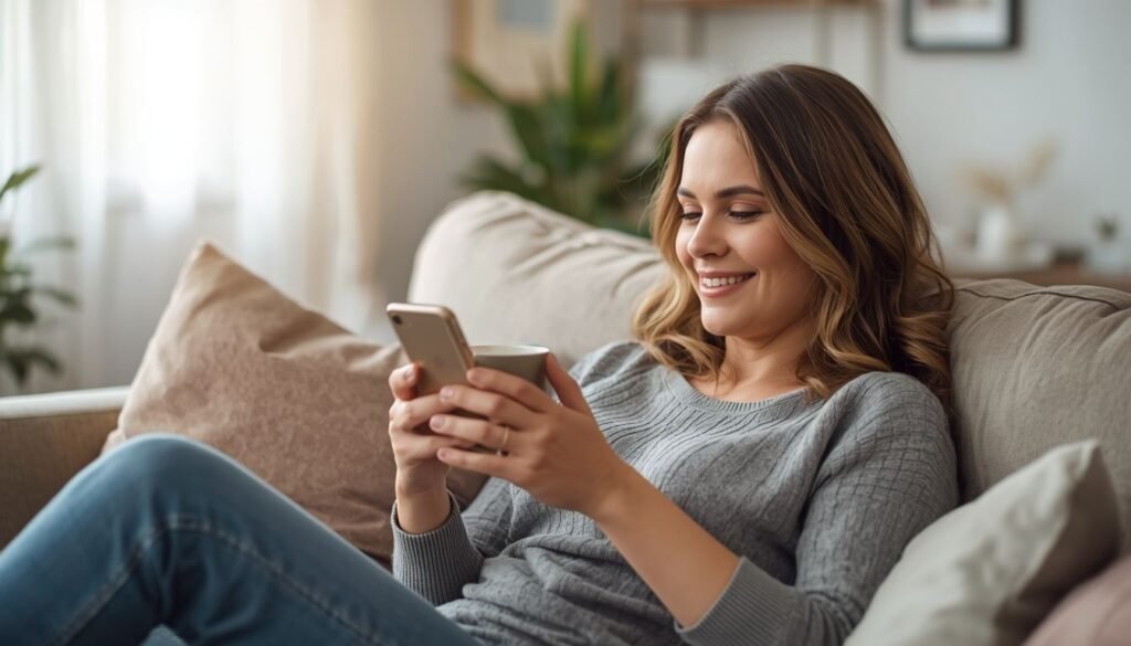 Alt Text: Mother smiling at phone with coffee mug