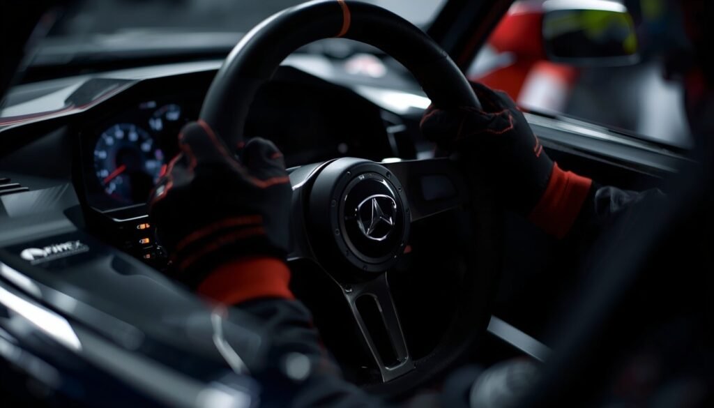Alt Text: Close-up of gloved hands gripping a Formula 1 steering wheel
