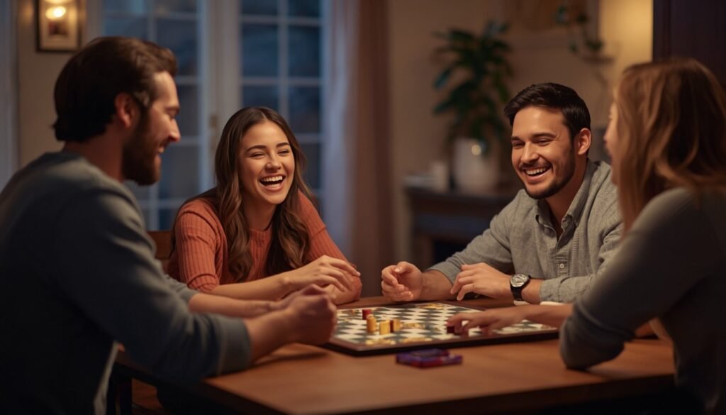Alt Text: Family laughing during board game night with knock knock jokes.