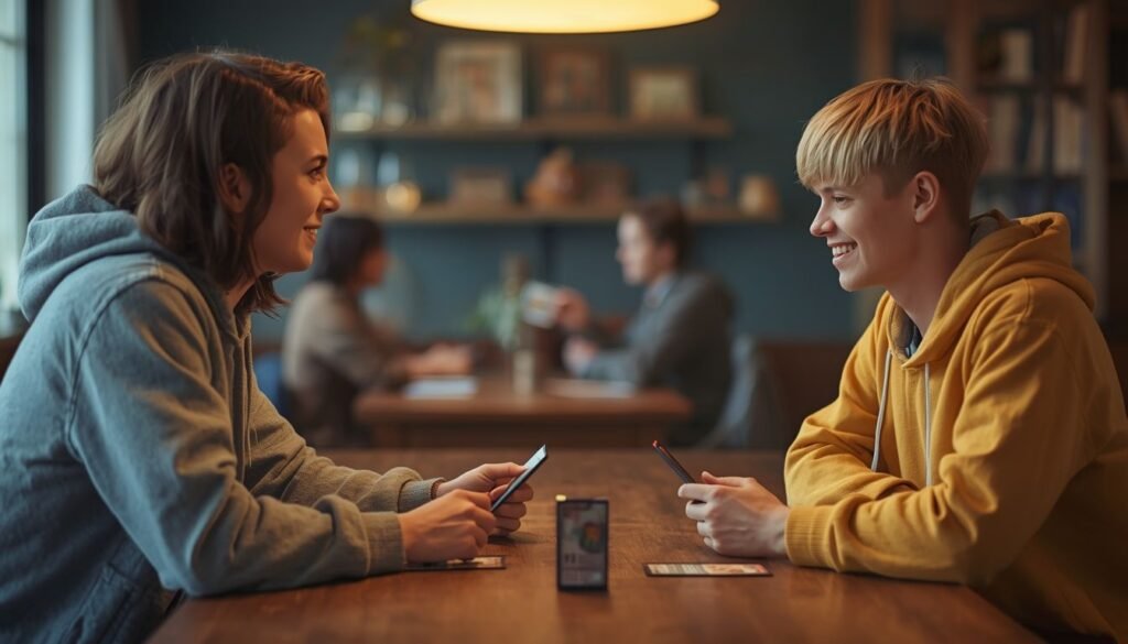 Alt Text: Two friends playing a card-based battle game at a table
