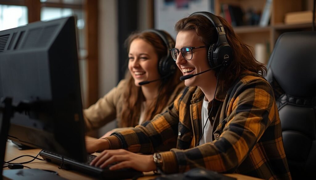 Alt Text: Two friends wearing gaming headsets and laughing at a computer screen