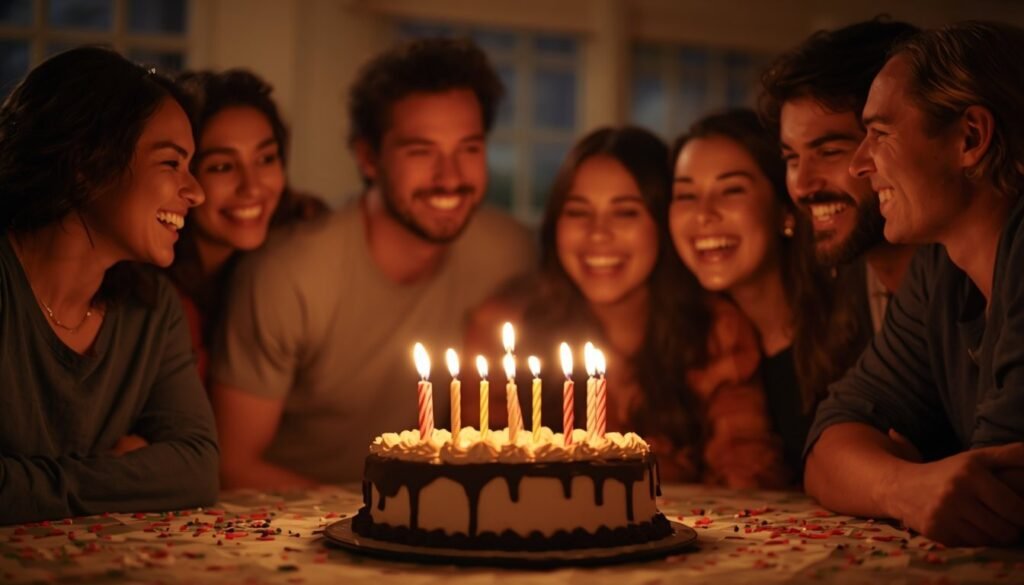 Alt Text: Friends celebrating a birthday with cake and lit candles
