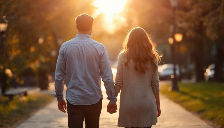Alt Text: Couple walking hand in hand outdoors during golden hour