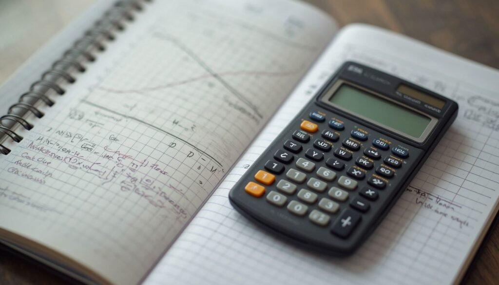 Alt Text: Graphing calculator resting on a notebook with calculus notes