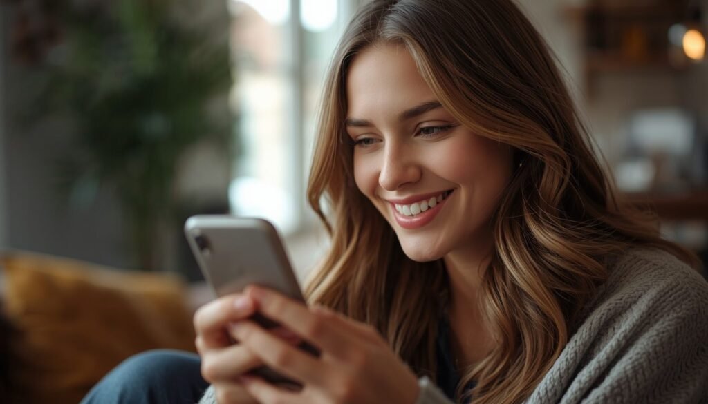 Alt Text: Woman smiling warmly while looking at her phone indoors
