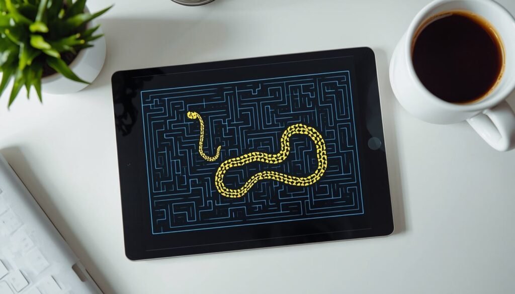 Alt Text: Tablet screen showing a coiled pixel snake game pattern
