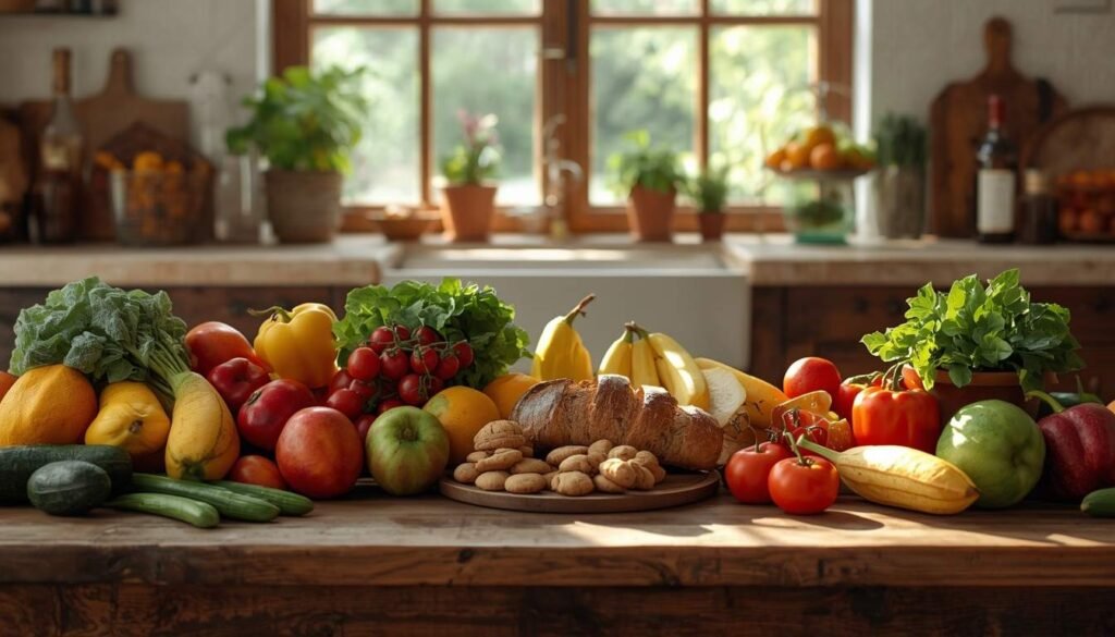 Alt Text: Fresh fruits and vegetables on kitchen table