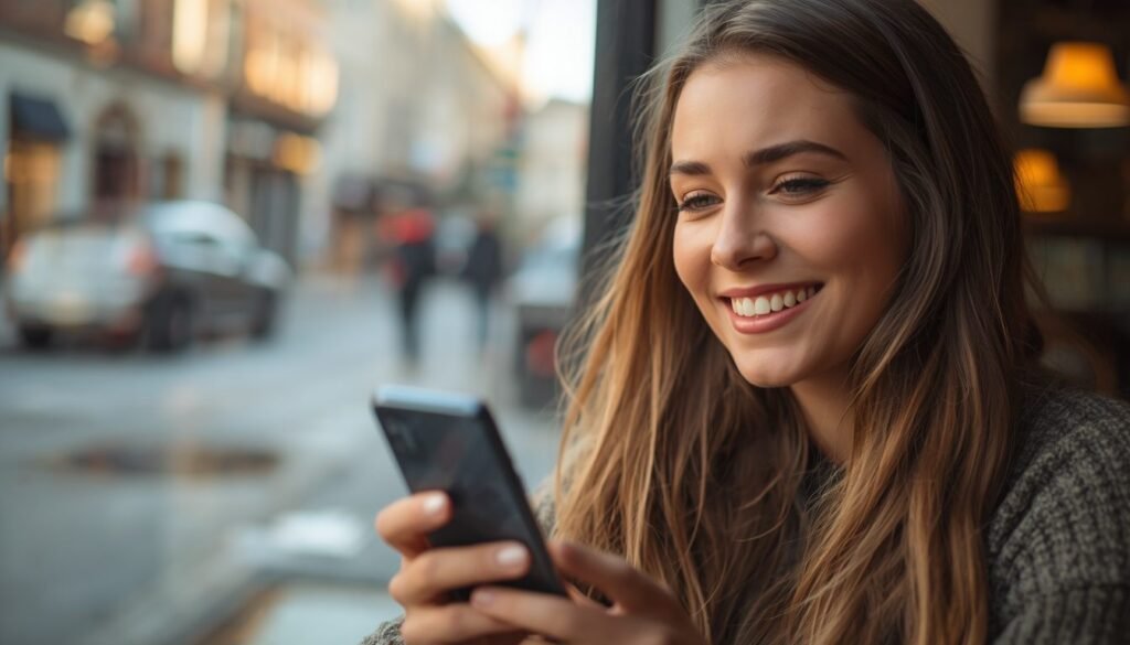 Alt Text: Person smiling at a text message on smartphone in a cafe.