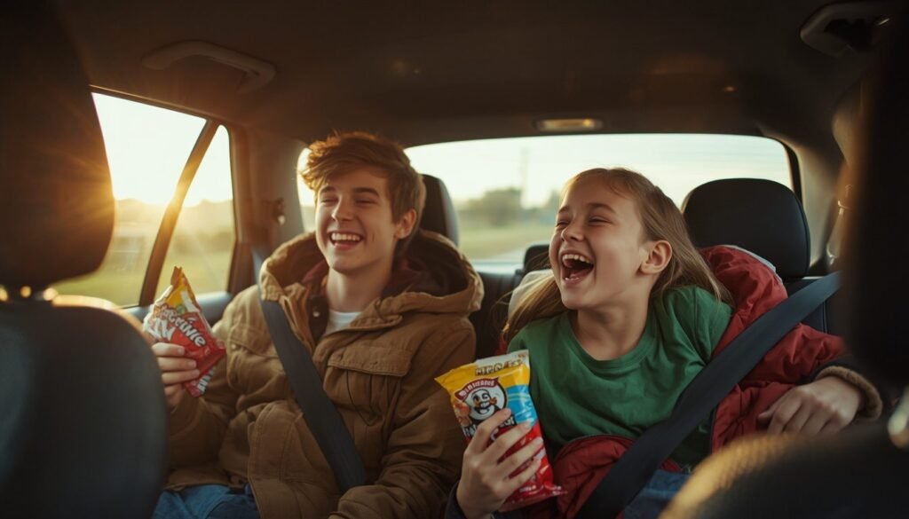  Alt Text: Brother and sister laughing together in the backseat of a car with snacks